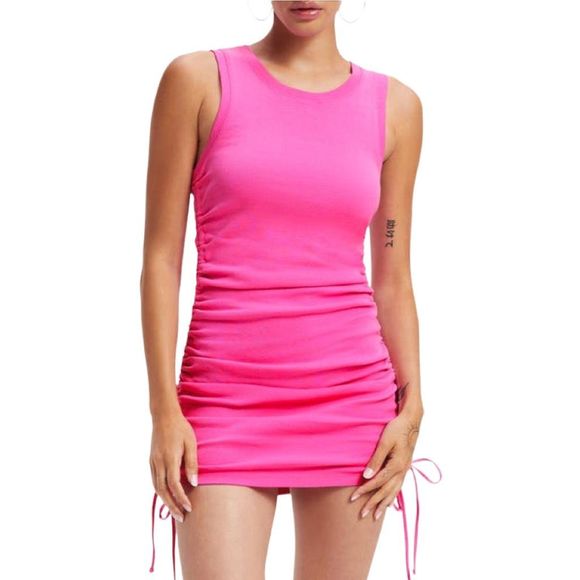 Good American Hawaiian Pink Ruched Mini / Midi Dress - Size 4 (Size XL) - Picture 1 of 6